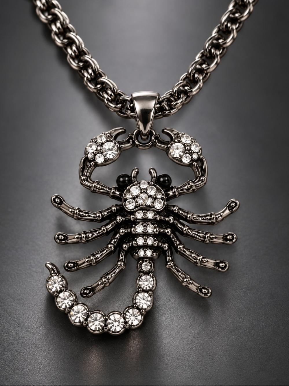 Gunmetal Scorpion Pendant Necklace with Clear Crystal Accents
